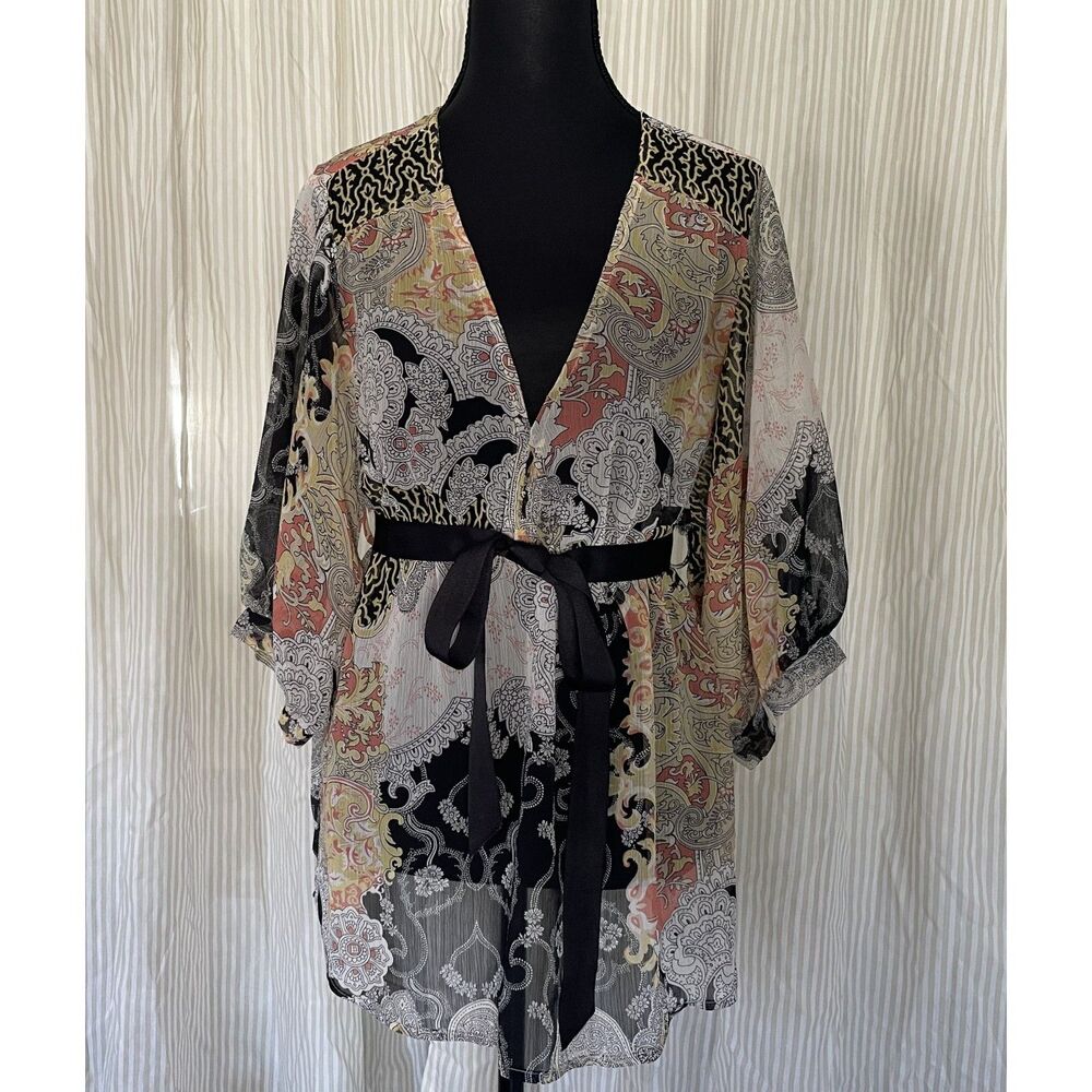 Vtg Y2K Womens Sheer Paisley Kimono S Boho Belted V Neck Tunic Top Babydoll